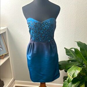 Silence + Noise blue mini dress with leopard print bodice and POCKETS
